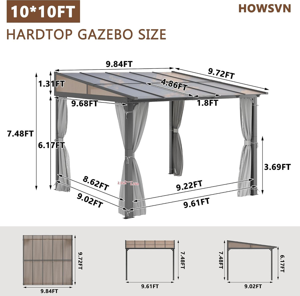 10'x10' Lean to Gazebo with Aluminum Frame, Polycarbonate Panel Sloped Roof, Wall Gazebos Pergola with Curtains and Netting for Patio,Decks, Garden and Lawn