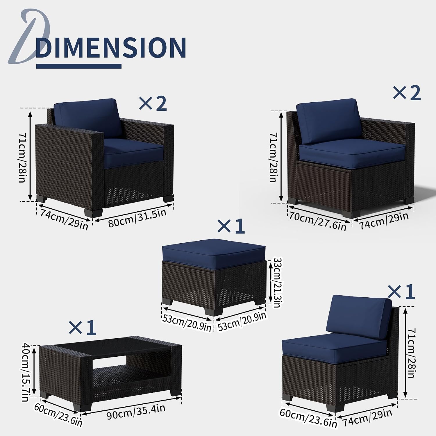 YLGJ&TIDY 7 PCS Outdoor Wicker Furniture Set Sectional Rattan Sofa Couch with Thick Cushions Glass Top Coffee Table Patio Conversation Set for Garden Backyard (Dark Brown Rattan & Dark Blue)