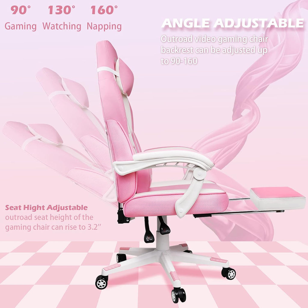 LEMBERI Pink Gaming Chair with footrest, Kawaii Cute Pink Gamer Chair for Girl,Girls Video Game Chairs,Computer Gaming Chair with Headrest and Lumbar Support