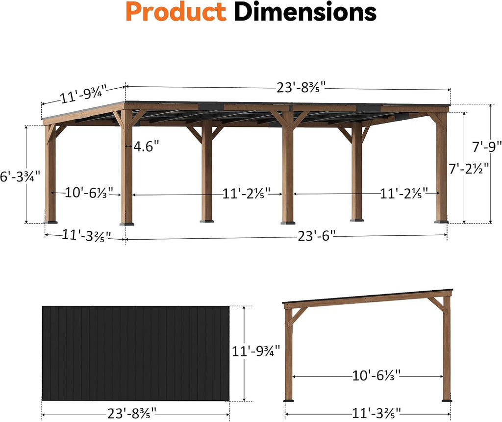 Modern Shade Supreme Cedar Wood Gazebo 12' x 24' with Hardtop Slope Roof, Wood Outdoor Carport Garage with Durable and Rot-Resistant, Supports Snow Loads and High Wind Speeds, Ideal for Backyard