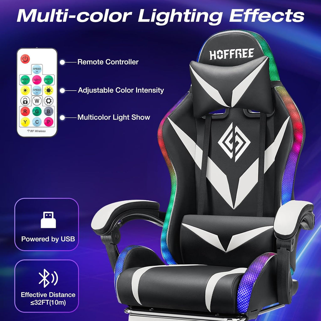 HOFFREE Gaming Chair with LED RGB Lights Massage Ergonomic Video Game Chairs with Footrest High Back Reclining Computer Chair with Adjustable Lumbar Support White and Black