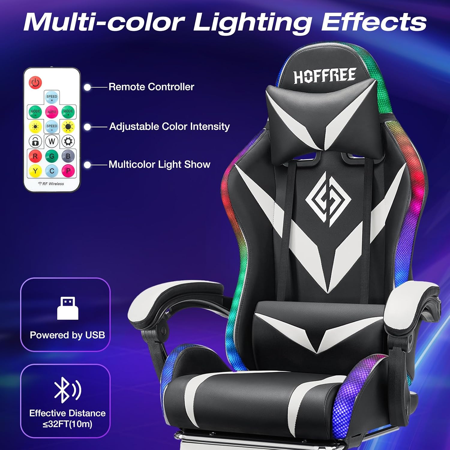 HOFFREE Gaming Chair with LED RGB Lights Massage Ergonomic Video Game Chairs with Footrest High Back Reclining Computer Chair with Adjustable Lumbar Support White and Black