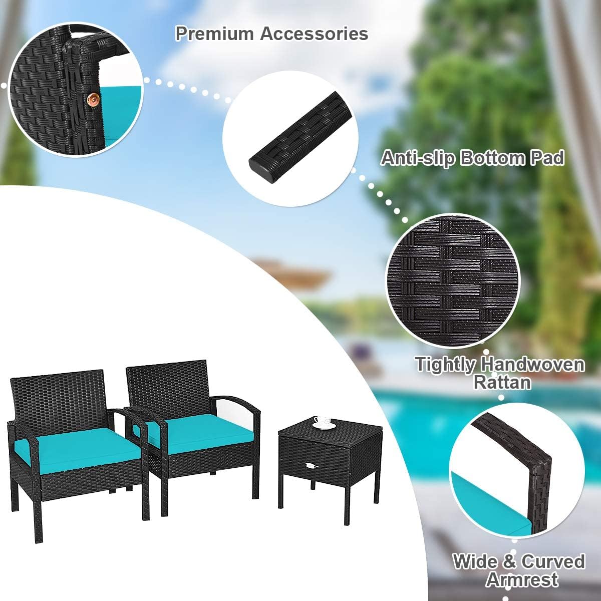 HAPPYGRILL 3 Piece Patio Furniture Set Rattan Wicker Sofa Set with Removable Cushions and Coffee Table, Outdoor Conversation Bistro Chairs Set with Storage Table for Garden Poolside Balcony