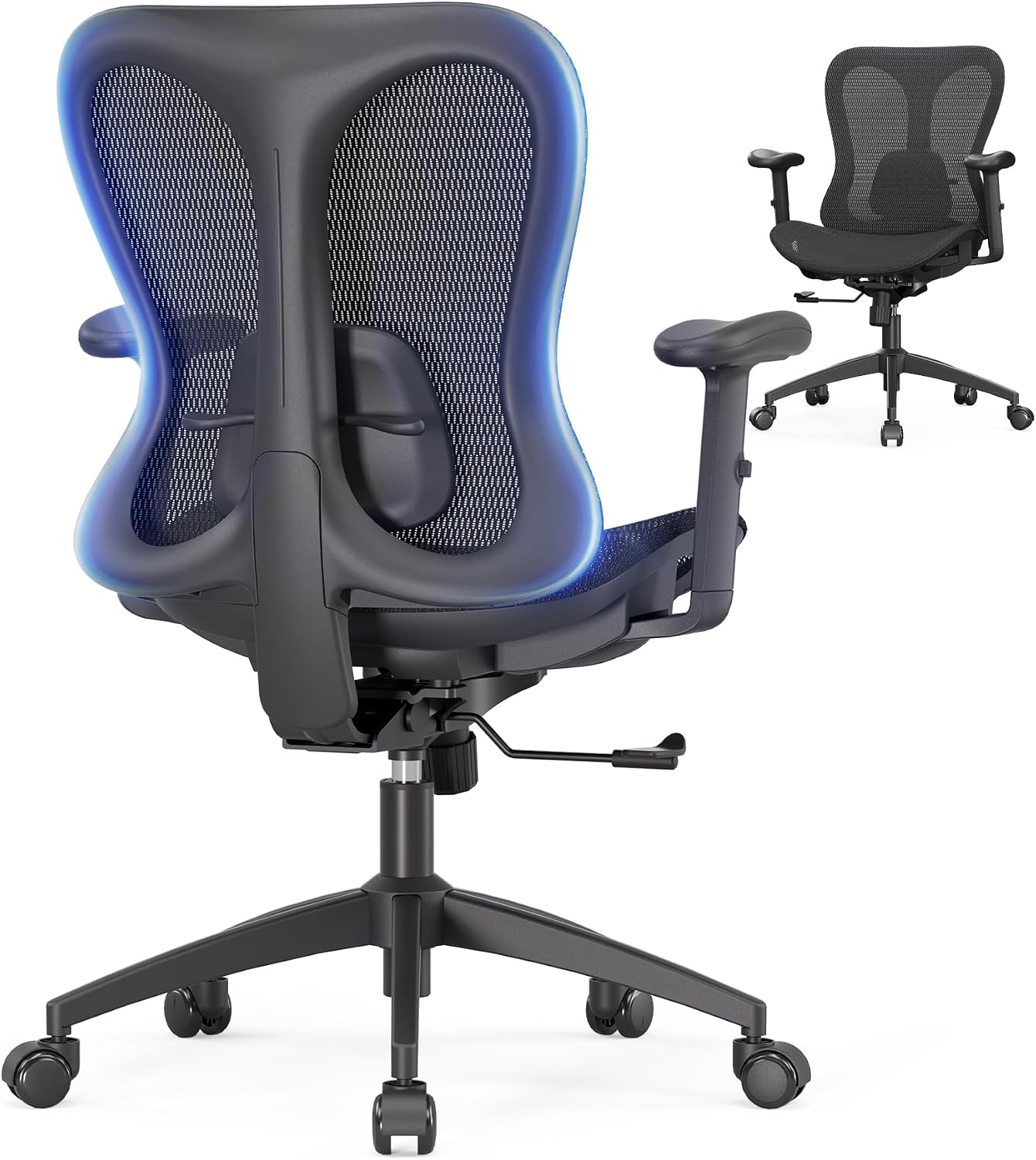 amseatec Ergonomic Office Desk Chair, Comfortable Computer Gaming Chair, Breathable Mesh Back & Seat, Adjustable Armrest, Lumbar Support, Butterfly Design for Home Office (Black)