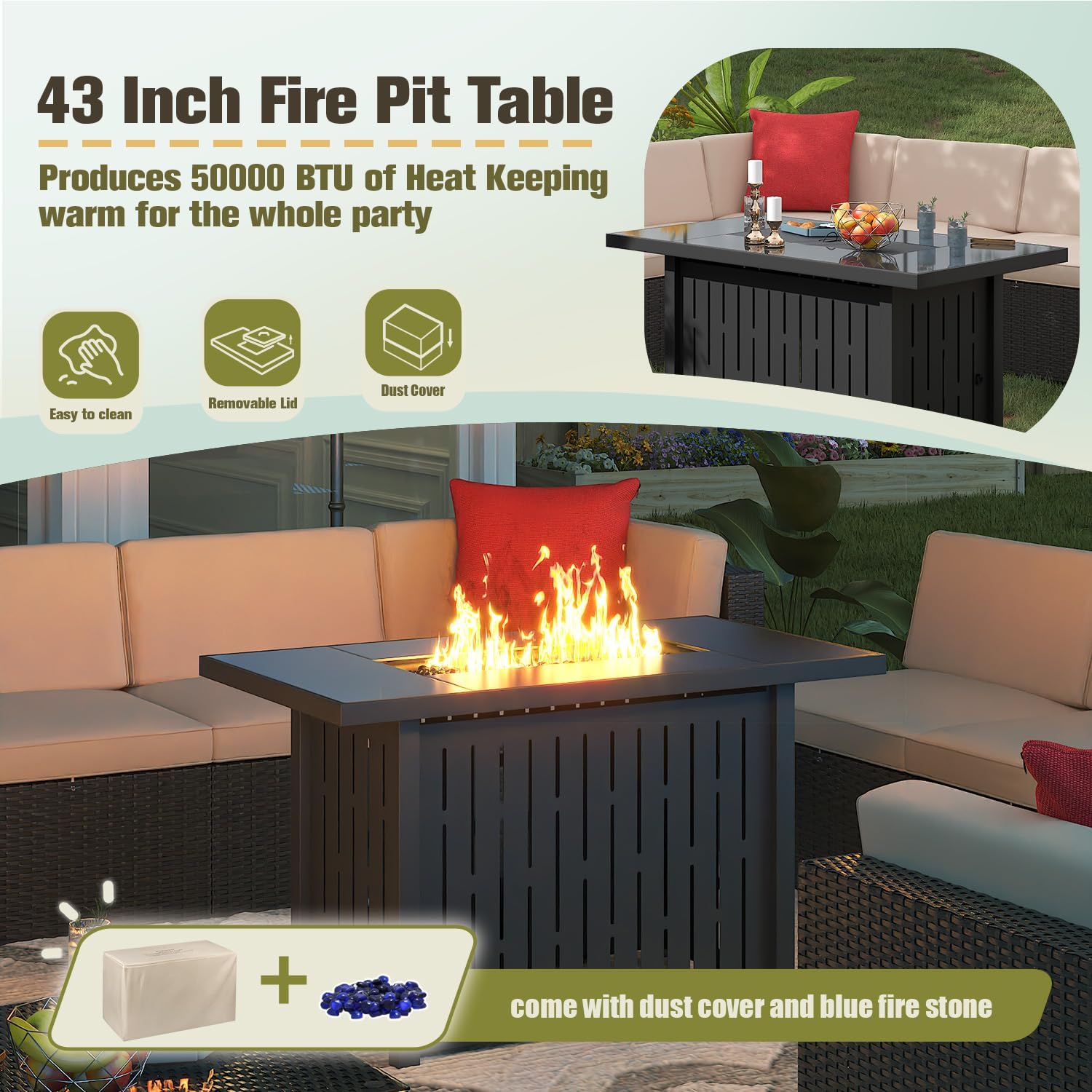 Greesum Patio Furniture Sets 13-Pieces Outdoor PE Rattan Sectional Sofa w/43in Gas Fire Pit Table 55000 BTU Add Warmth to Gatherings Parties On Deck Garden Backyard,Light Beige