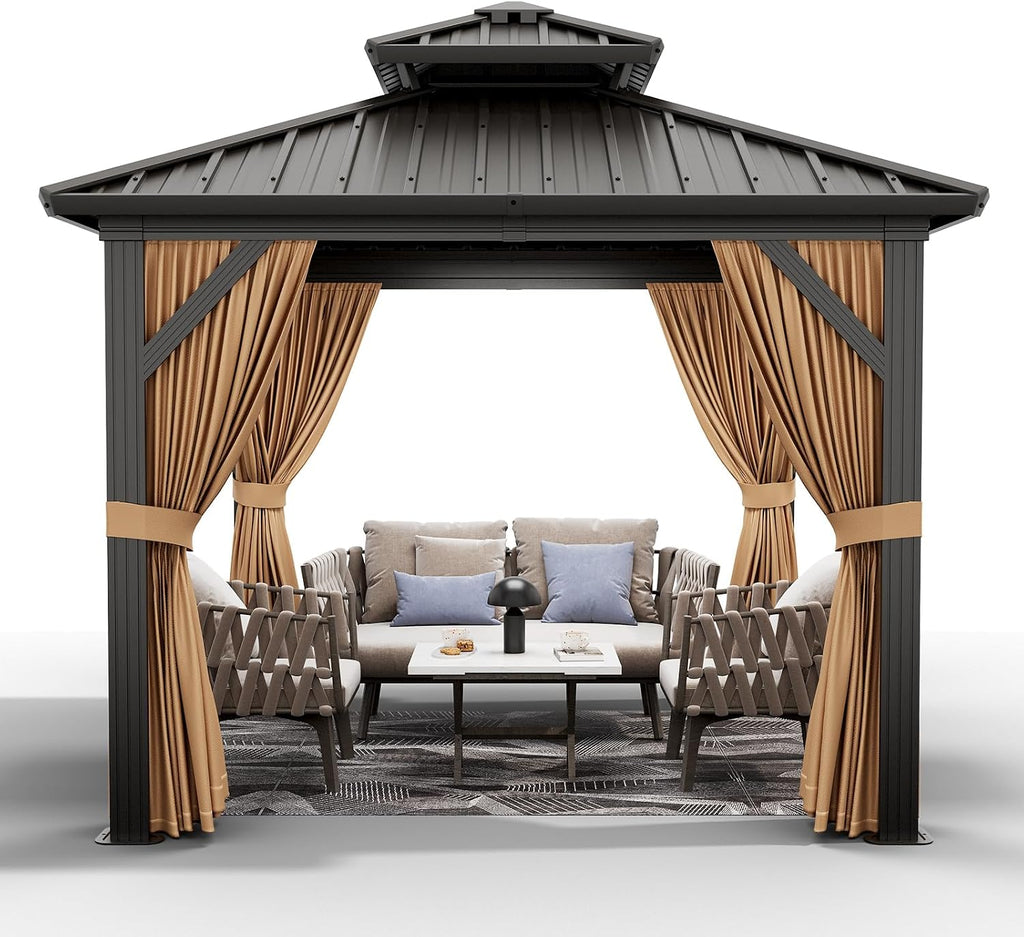 10'x10' Hardtop Gazebo, Heavy Duty Aluminum Permanent Hardtop Gazebo Outdoor Pavilion with Curtains and Netting for Garden