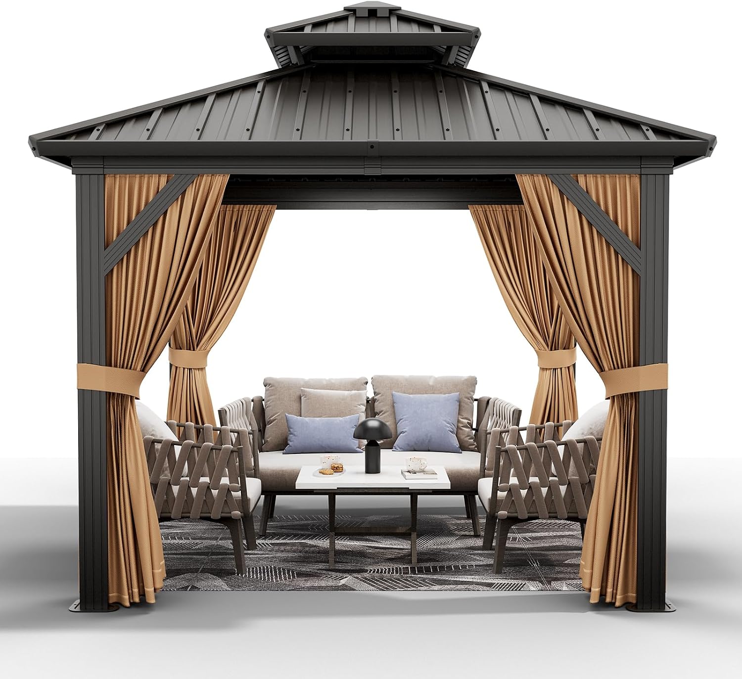 10'x10' Hardtop Gazebo, Heavy Duty Aluminum Permanent Hardtop Gazebo Outdoor Pavilion with Curtains and Netting for Garden