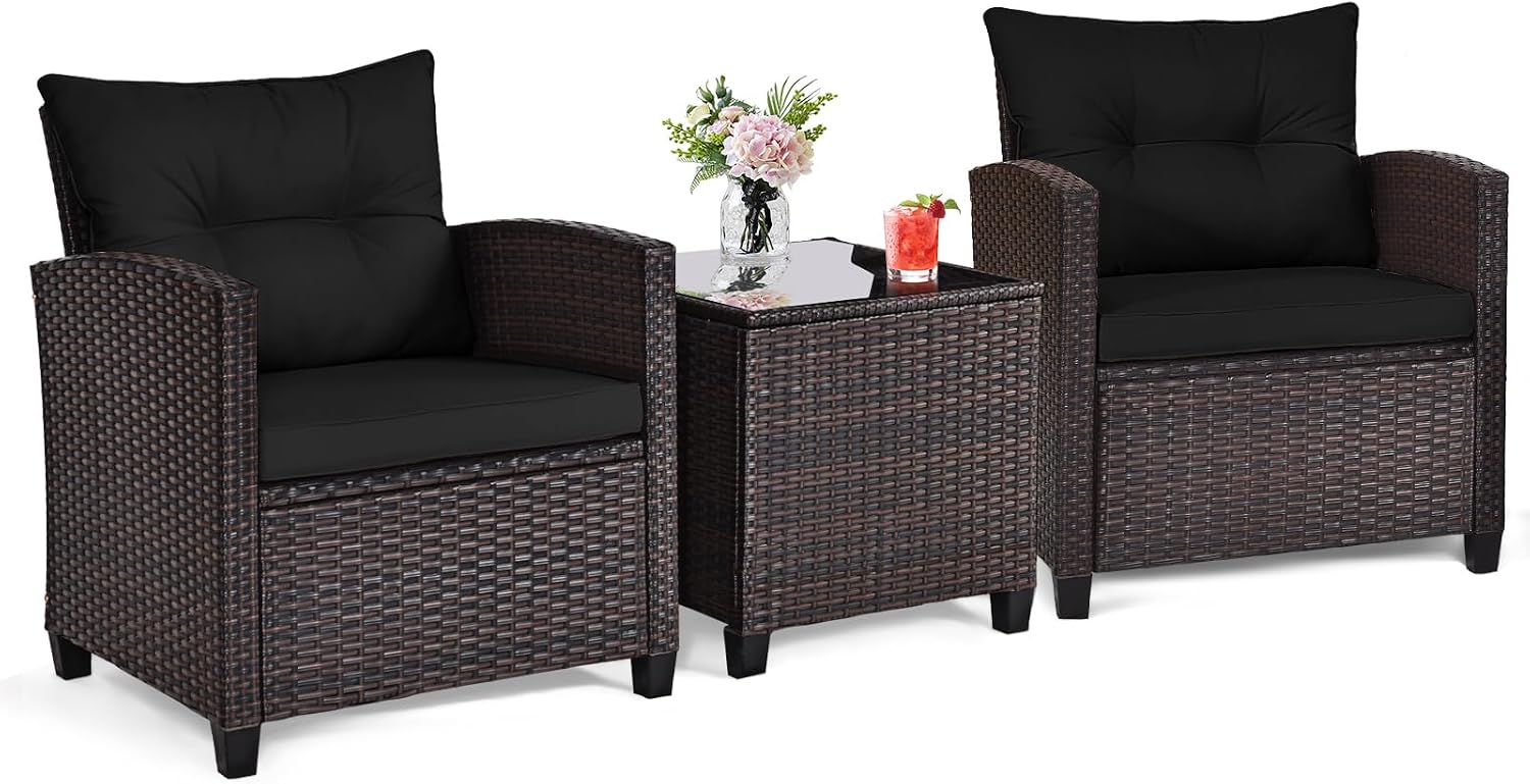 ORALNER 3 Pieces Patio Furniture Set, Outdoor Wicker Conversation Set Rattan Chairs with Cushions, Glass Coffee Table, Bistro Set for Front Porch Balcony Garden Deck Poolside (Black)