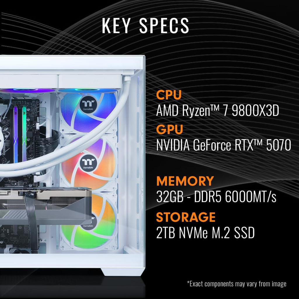 Thermaltake LCGS View 9870S-380 Gaming Desktop (AMD Ryzen™ 7 9800X3D, ToughRam 32GB DDR5 6000MT/s RGB Memory, NVIDIA® GeForce RTX™ 5070, 2TB NVMe M.2, WiFi, Windows 11) V38S-B850-570-LCS