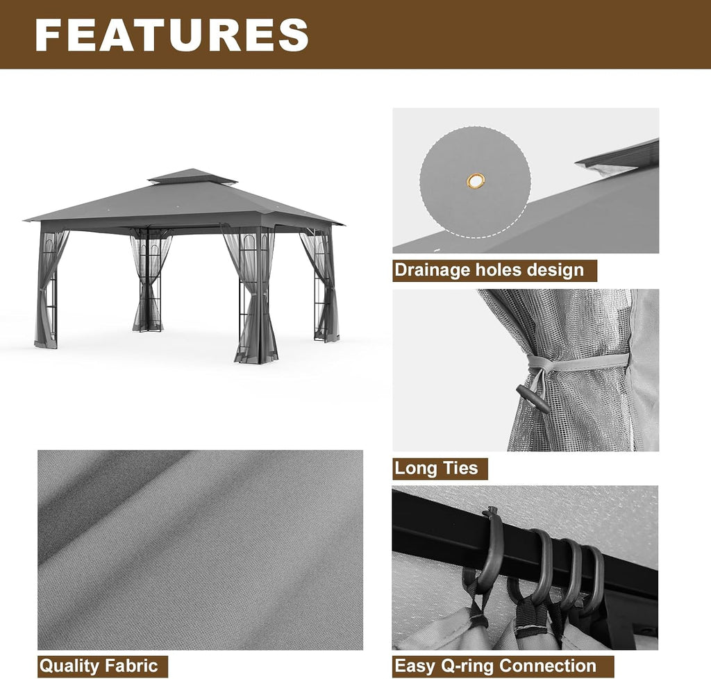 10x12 Outdoor Gazebo Tent with Netting, Double Roof Patio Gazebo with Soft Fabric Top, Outdoor Pavilion for Backyard Patio Garden Lawn, Gray