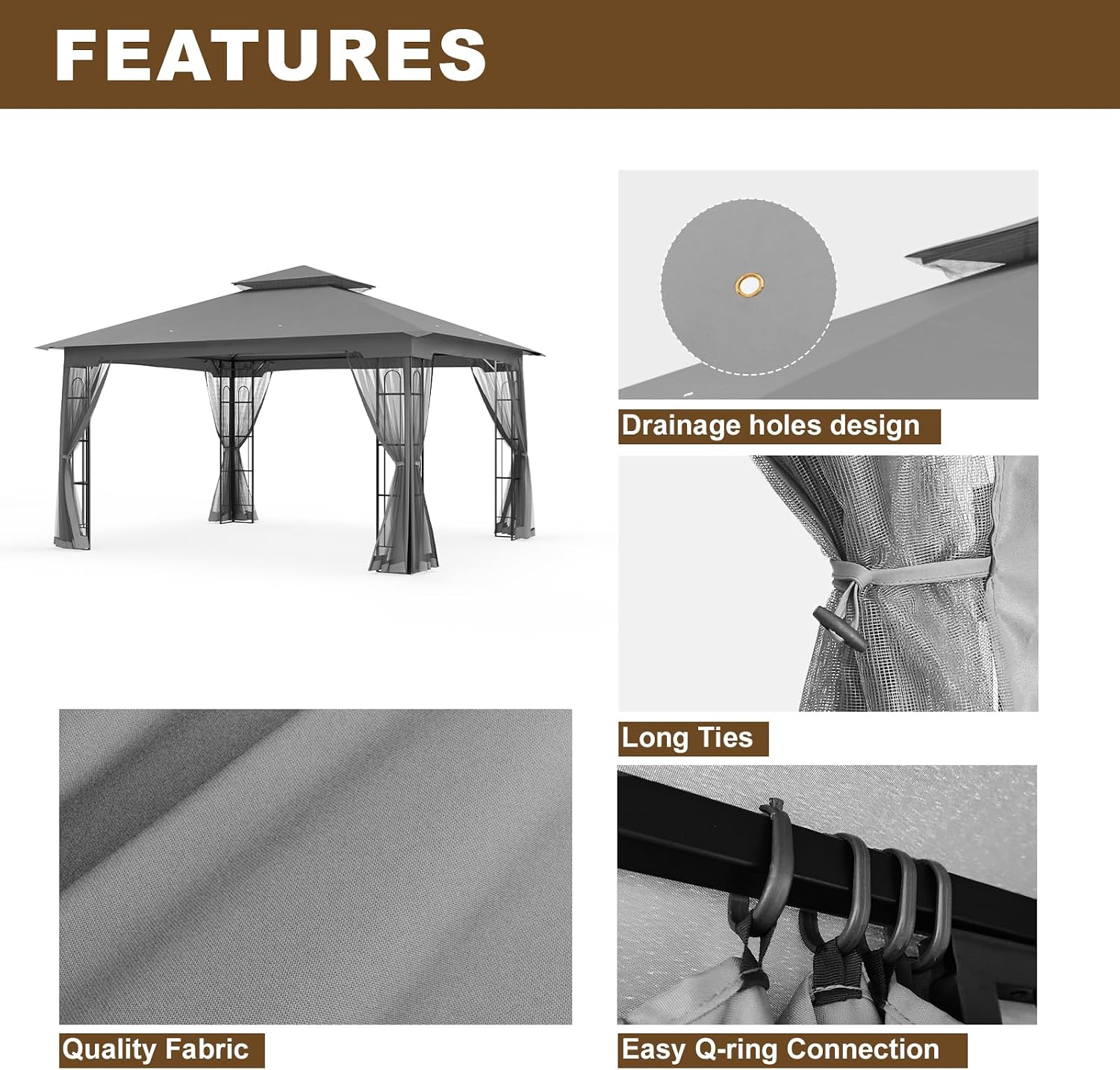 10x12 Outdoor Gazebo Tent with Netting, Double Roof Patio Gazebo with Soft Fabric Top, Outdoor Pavilion for Backyard Patio Garden Lawn, Gray