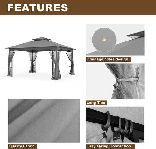 10x12 Outdoor Gazebo Tent with Netting, Double Roof Patio Gazebo with Soft Fabric Top, Outdoor Pavilion for Backyard Patio Garden Lawn, Gray