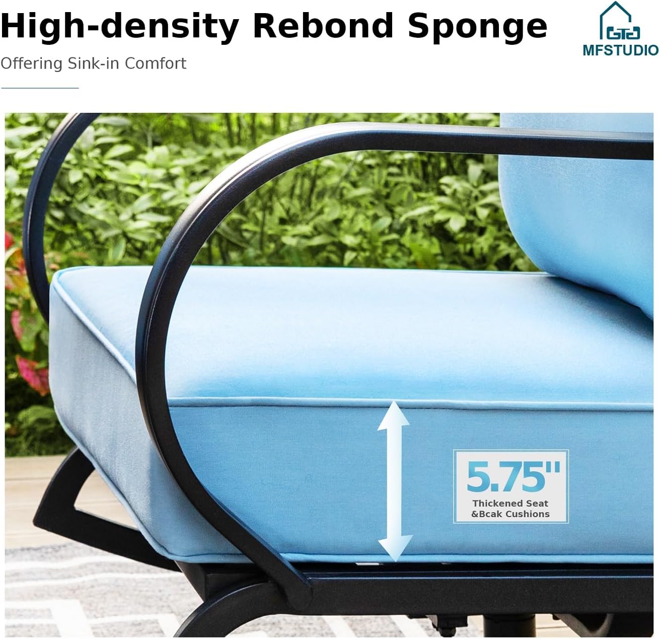 MFSTUDIO 4 Pieces Patio Conversation Sets, All Weather Metal Frame Outdoor Furniture Set Patio Sofas with 1 x 45 Rectangular Propane Fire Table, 1 x 3-Seat Sofa, 2 x Rocking Chairs, Blue Cushion