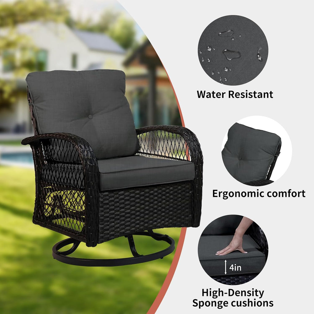 SHGJ&SOFT 3 Piece Patio Furniture Set, 2 Outdoor Swivel Rocking Chairs with Side Table, Wicker Glider Chairs, All-Weather Rattan Bistro Set for Porch, Deck, Pool (Grey, Brown Open-Weave Rattan)