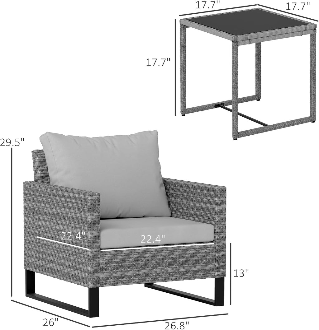 Outsunny 3 Pieces Patio Furniture Set, Wicker Conversation Bistro Set with 4 Soft Cushions, Rattan Chairs and Glass Coffee Table for Backyard, Porch, Poolside, Balcony, Gray