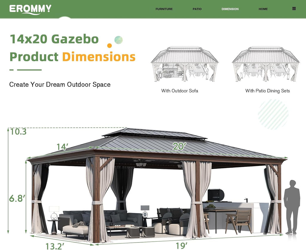 EROMMY 14'x20' Hardtop Gazebo, Wooden Finish Coated Aluminum Frame Outdoor Gazebo with Double Galvanized Steel Roof, Permanent Metal Pavilion with Curtains and Nettings for Patio, Garden, Backyard