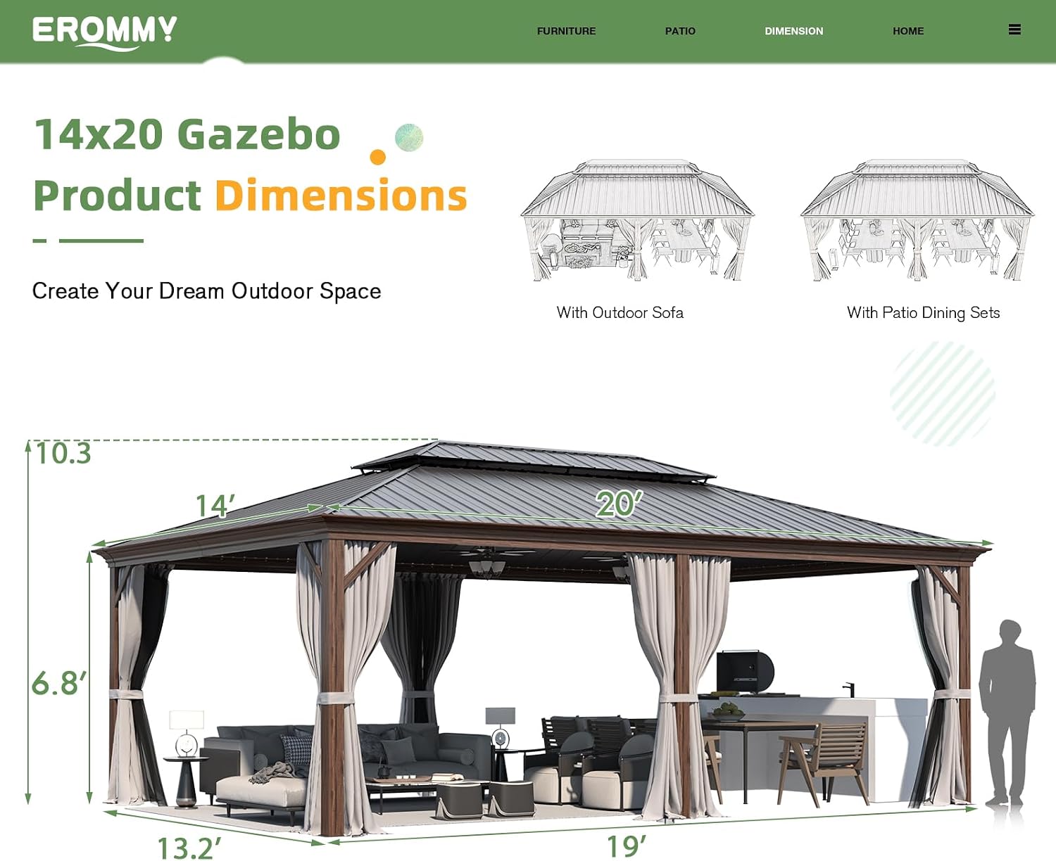 EROMMY 14'x20' Hardtop Gazebo, Wooden Finish Coated Aluminum Frame Outdoor Gazebo with Double Galvanized Steel Roof, Permanent Metal Pavilion with Curtains and Nettings for Patio, Garden, Backyard
