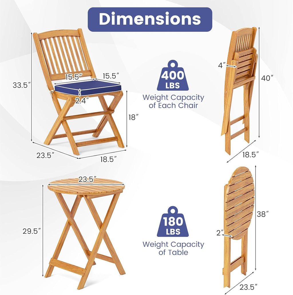Giantex 3Pcs Patio Bistro Set, Wood Folding Table Set, 2 Cushioned Chairs for Garden Yard, Outdoor Furniture Round Table (Natural & Navy Blue)