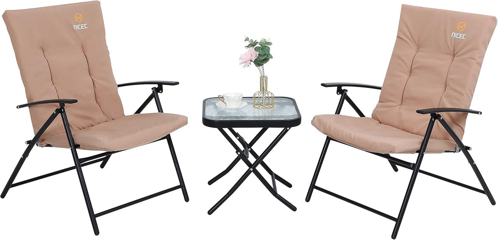 Nice C Patio Table and Chairs Set, Bistro Outdoor Table and Chairs, Bistro Set of 2, Garden Furniture Table Set, Glass Table and 2 Folding Chairs (Khaki-3 Piece)