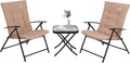 Nice C Patio Table and Chairs Set, Bistro Outdoor Table and Chairs, Bistro Set of 2, Garden Furniture Table Set, Glass Table and 2 Folding Chairs (Khaki-3 Piece)
