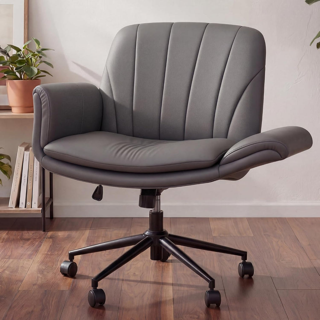 Dowinx Criss Cross Chair with Five-Level Adjustable Arms and Wheels - Comfortable Ergonomic PU Leather Swivel Vanity Chair - Computer Makeup Gaming Chair for Home Office, Bedroom, Vanity Room (Grey)