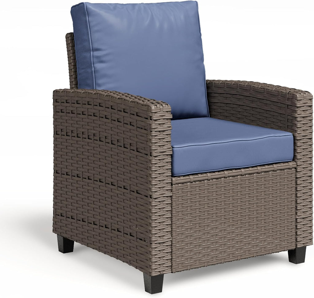 BUPPLEE 2 Pieces Patio Furniture Set, Outdoor Wicker Chairs Set of 2, All Weather High Back Rattan Chairs, Seating Club Chair Porch Chairs Set with Cushions for Balcony Porch Deck, Blue