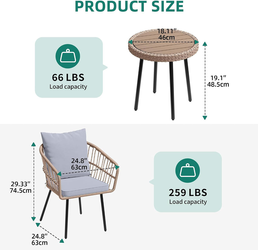 YITAHOME 3 Pieces Outdoor Bistro Set, All-Weather Wicker Patio Furniture Set, Rattan Conversation Set with Table and Chair for Balcony, Backyard, Pool, Porch, Deck - Grey
