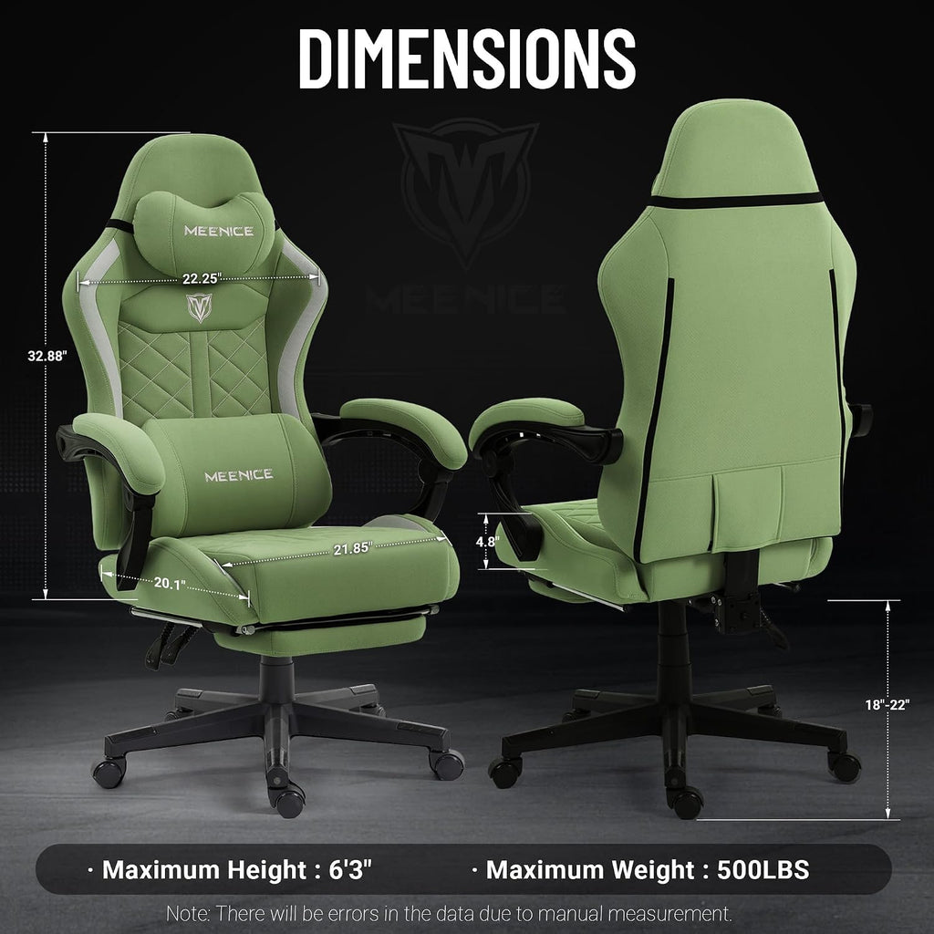 Big and Tall Gaming Chair Fabric with Pocket Spring Cushion, High Back Heavy Duty Gaming Chairs for Adults with Massage Lumbar, Ergonomic Computer Chair with Footrest 400LBS Fabric Green