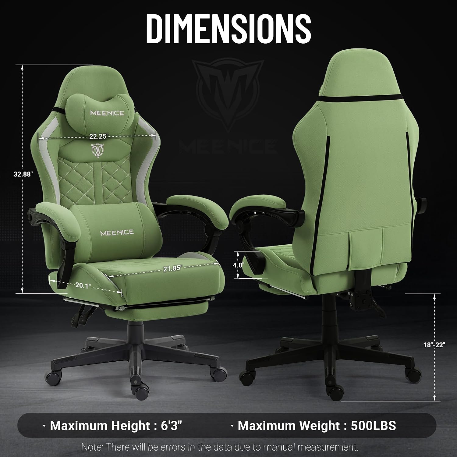 Big and Tall Gaming Chair Fabric with Pocket Spring Cushion, High Back Heavy Duty Gaming Chairs for Adults with Massage Lumbar, Ergonomic Computer Chair with Footrest 400LBS Fabric Green