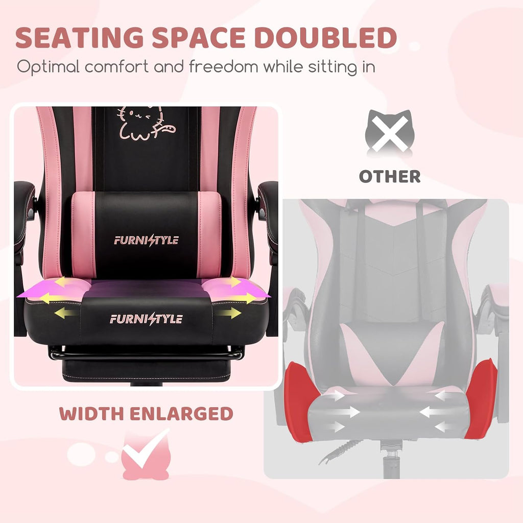 Gaming Chair with Footrest, Comfy Girly Video Game Chairs with Cat Ears Pocket Spring Cushion Massage Lumbar Support & Headrest, Ringing Accessories Cute Leather Ergonomic Computer Chair, Black/Pink
