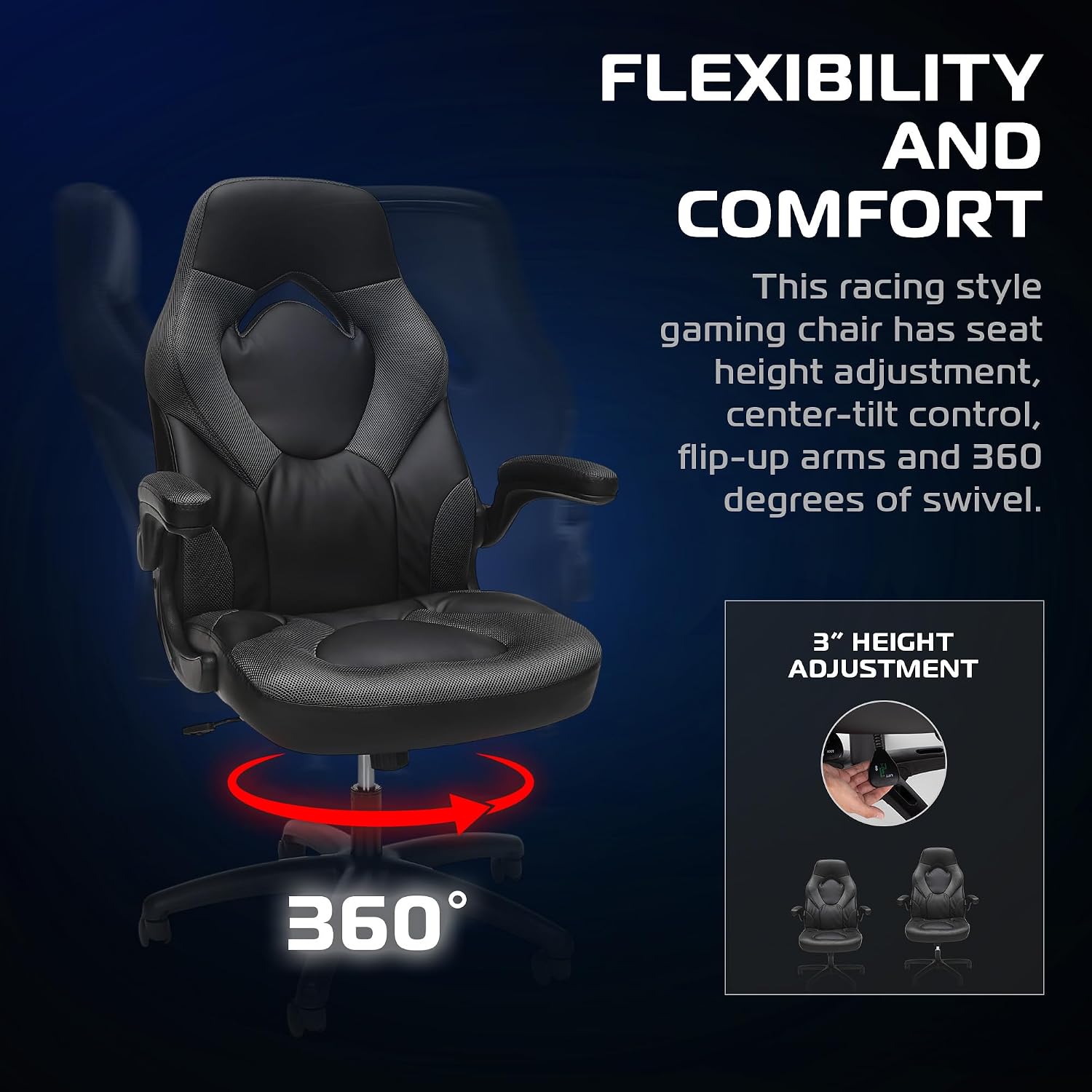 RESPAWN 3085 Ergonomic Gaming Chair for Adults, High Back Office Chair with Headrest and Flip Up Arms, Leather Racing Style Gaming Seat with Lumbar Support, Video Game Computer Desk Seat - Gray