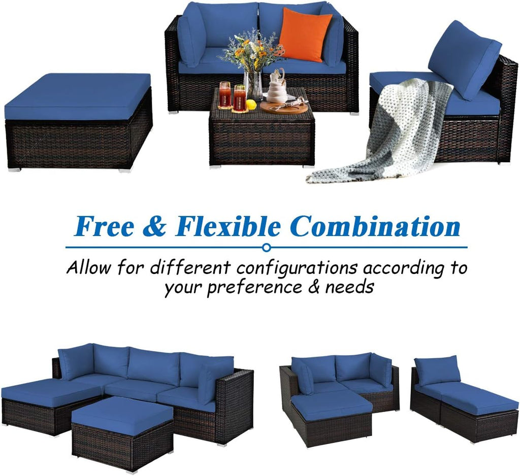 Tangkula 5 Piece Patio Furniture Set, Outdoor Sectional Rattan Sofa Set with Cushions and Coffee Table, Suitable for Backyard Porch Garden Poolside and Deck, Wicker Conversation Set (Navy Blue)