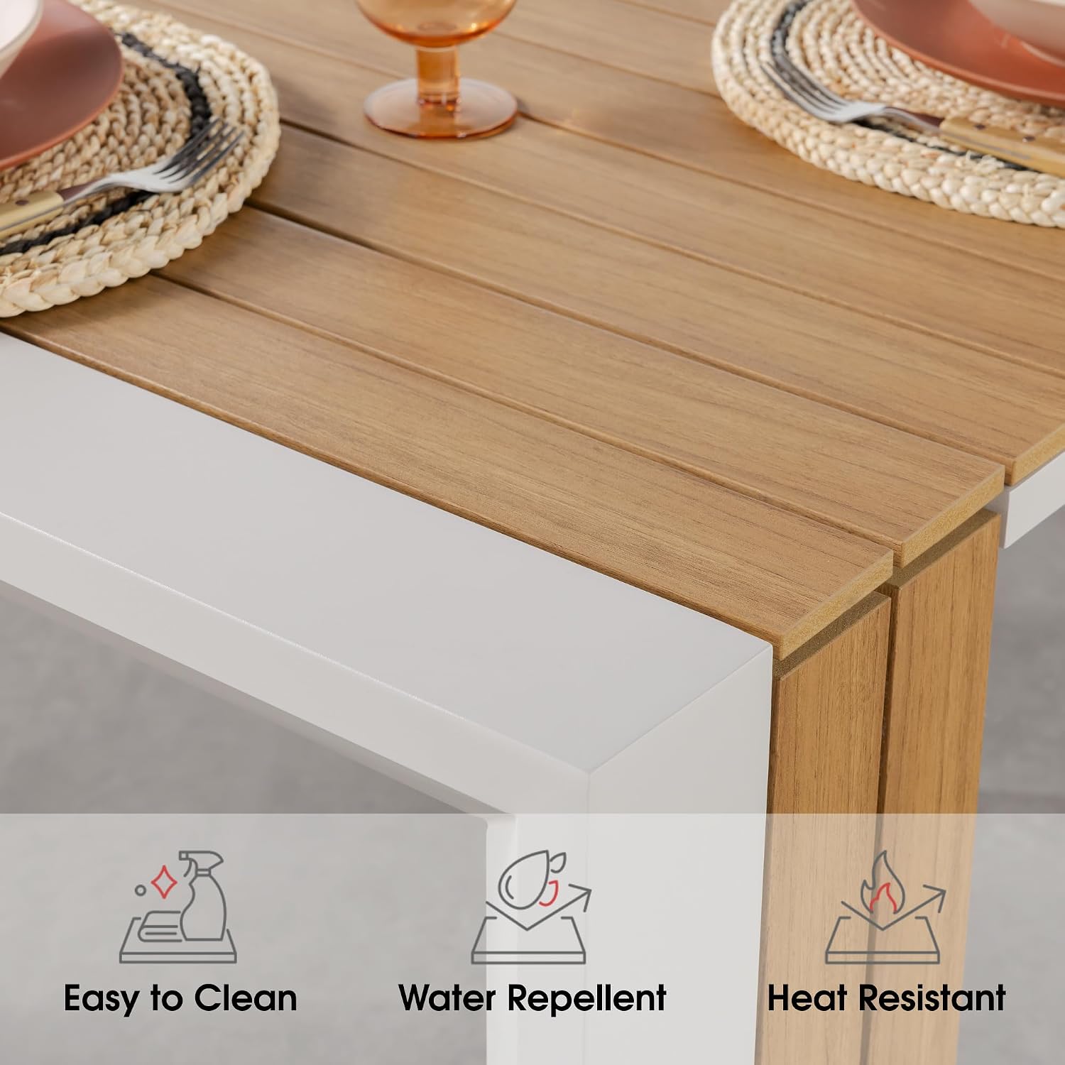 Transformer Table - Extendable Outdoor Dining Set up to 12, Expandable Patio Table, Weather-Resistant Patio Furniture, Light Oak, Natural (Table + Bench + 4 Chairs + Umbrella)