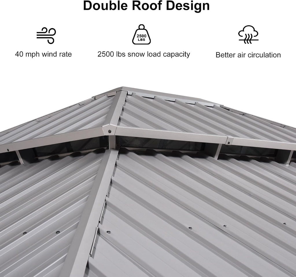 PURPLE LEAF 14' x 16' Hardtop Aluminum Gazebo with Netting and Curtains Heavy Duty Permanent Gazebo with Double Metal Roof for Patio Deck Lawn Garden All Weather Outdoor Pavilion Gazebos, Light Grey
