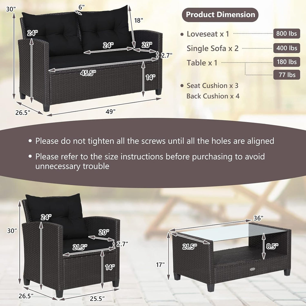 COSTWAY 4 Piece Patio Furniture Set, Outdoor Wicker Rattan Chairs and Loveseat with Cushions, Tempered Glass Coffee Table with Storage Shelf, Conversation Sofa Set for Poolside Backyard (Black)