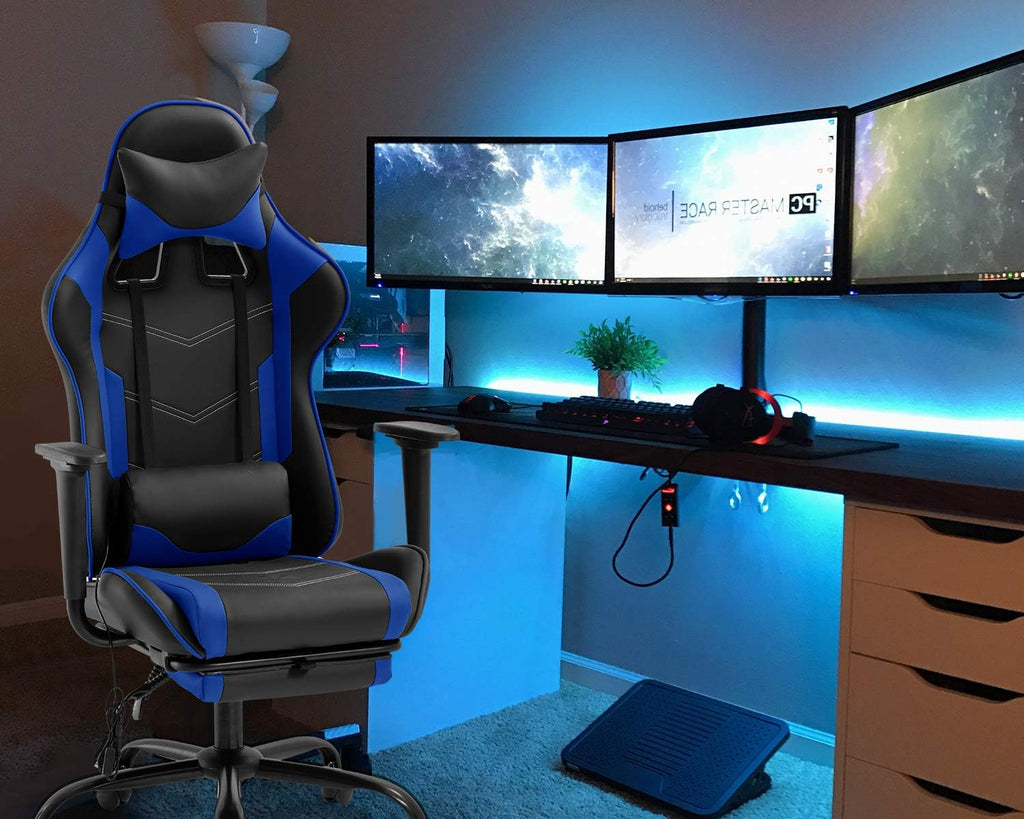 Gaming Chair Office Chair Desk Chair Massage PU Leather Recliner Racing Chair with Headrest Armrest Footrest Rolling Swivel Task PC Ergonomic Computer Chair for Back Support, Blue
