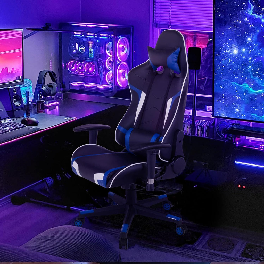 GYMAX Gaming Chair, Massage Gaming Chairs for Adults with Headrest, Lumbar Support & Armrest, Video Computer Reclining Gaming Chair, Office Desk Gamer Task Chair (Blue with Black X-Shape Desk)