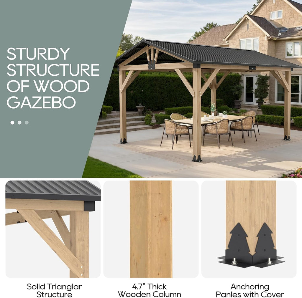 13'x15' Outdoor Patio Wooden Gazebo - Cedar Solid Wood Gazebo with Galvanized Steel Roof, Wooden Frame, Pavilion for Lawns, Beach, Patio, Garden (13X15FT)