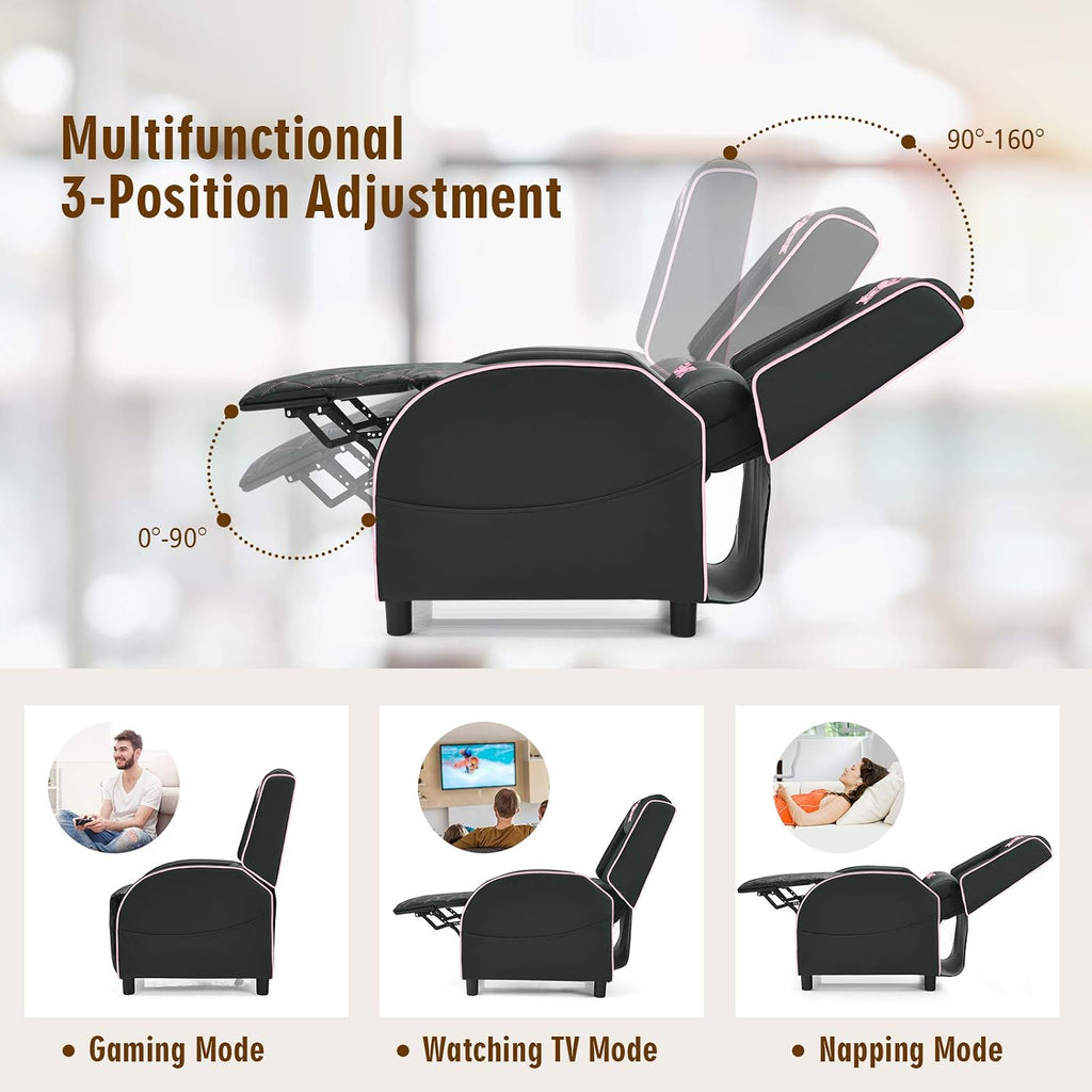 GYMAX Massage Gaming Recliner Chair, Ergonomic Racing Style Single Sofa with Adjustable Headrest, Backrest & Footrest, Home Theater Sofa for Living Room Office (Pink)