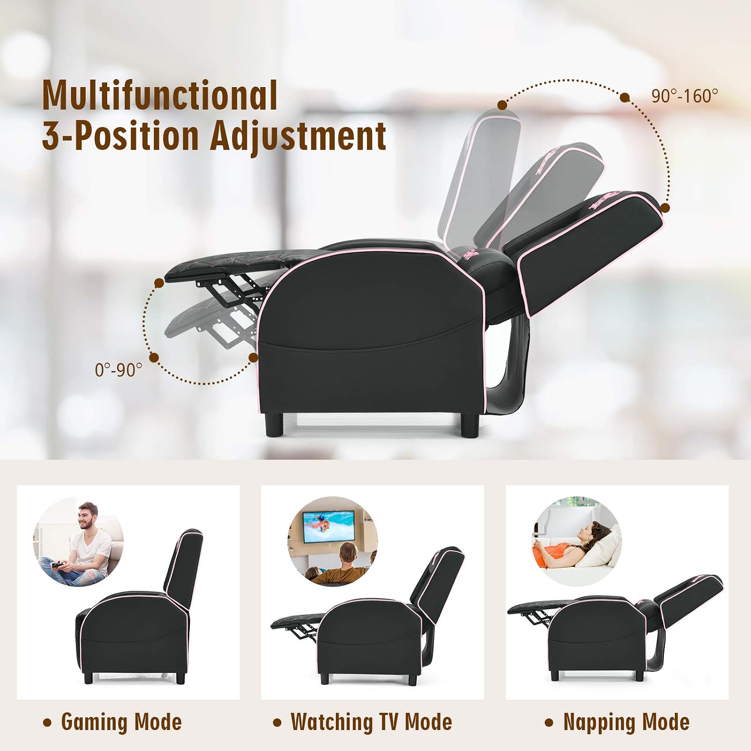 GYMAX Massage Gaming Recliner Chair, Ergonomic Racing Style Single Sofa with Adjustable Headrest, Backrest & Footrest, Home Theater Sofa for Living Room Office (Pink)