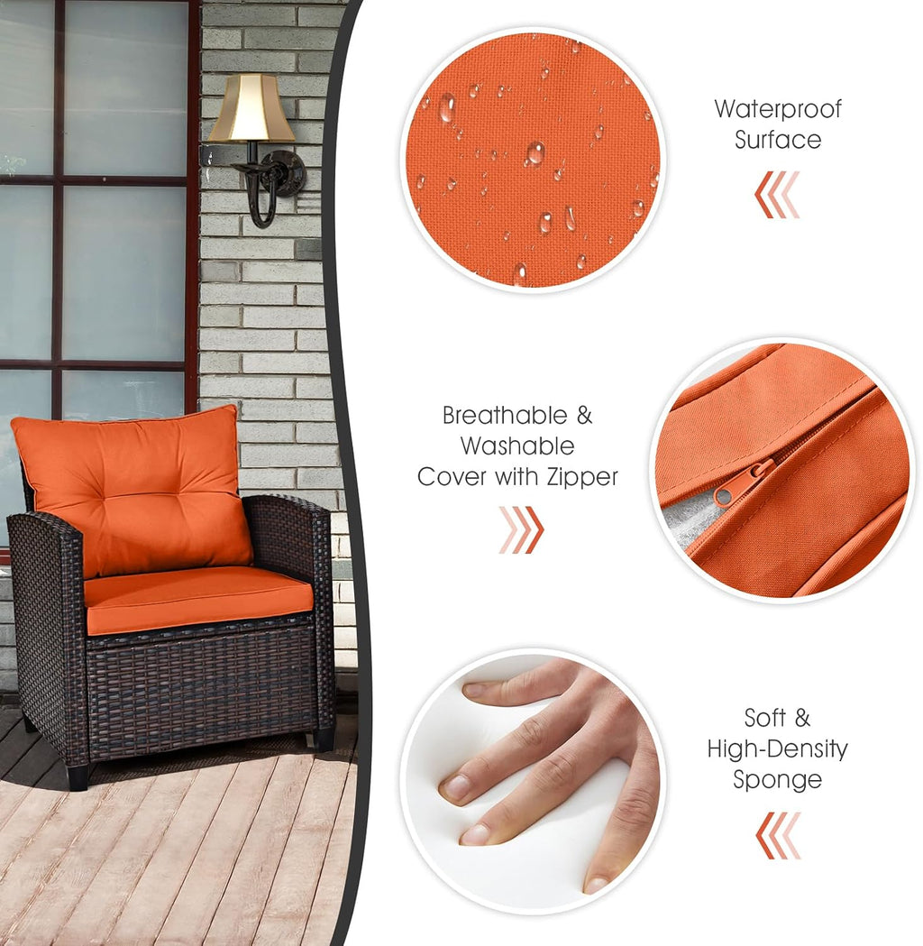 KOTEK 3 Piece Patio Furniture Set, Outdoor Conversation Set with Washable Cushions & Tempered Glass Tabletop, PE Rattan Wicker Bistro Set for Porch, Garden, Balcony (Orange)