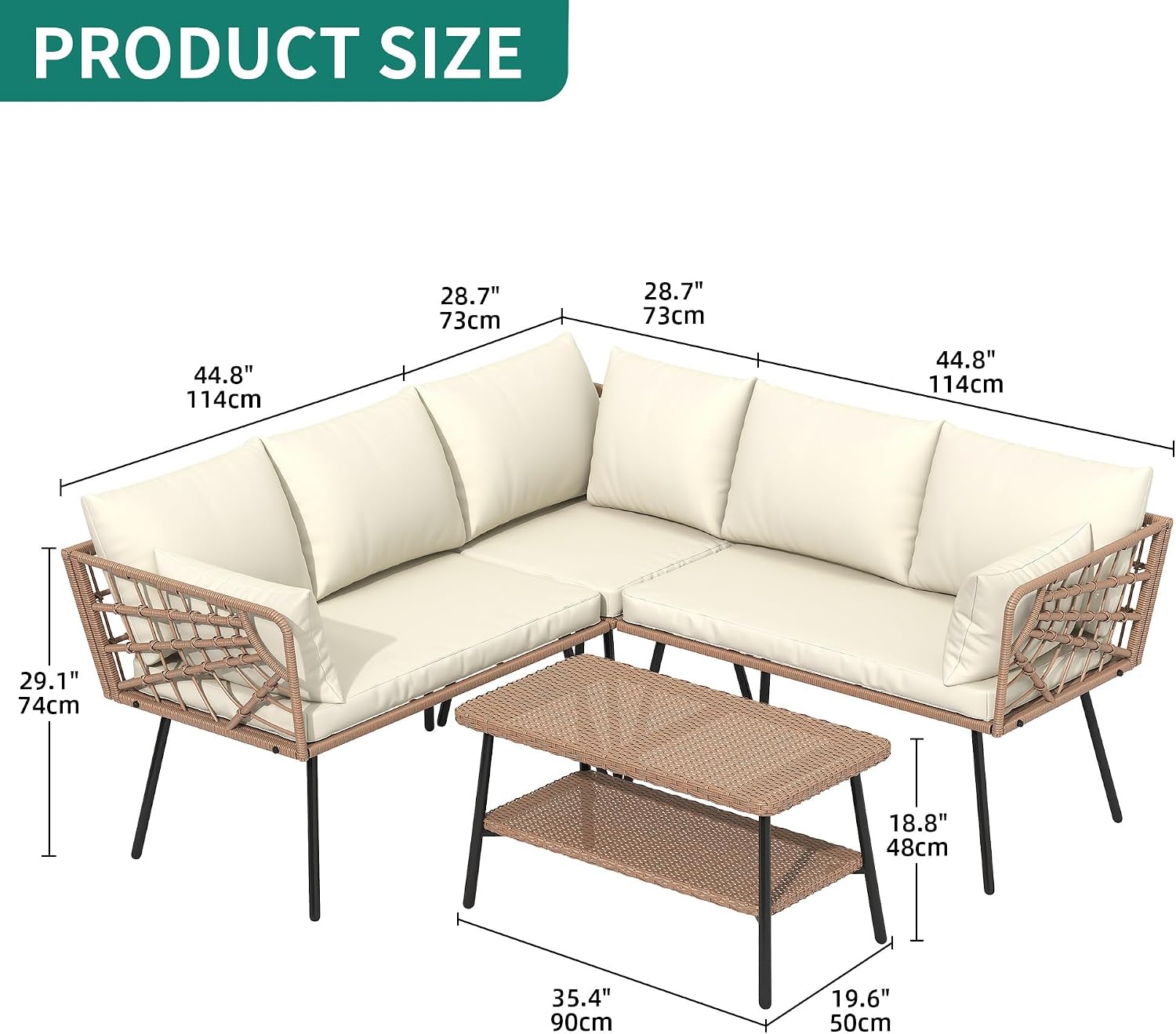 YITAHOME 4PCS Patio Furniture Set L Shape Outdoor Couch with 2-Tier Coffee Table and Thick Cushions Patio Conversation Set Rattan Sectional Sofa Boho Outdoor Furniture Set with 5 Seater for Backyard