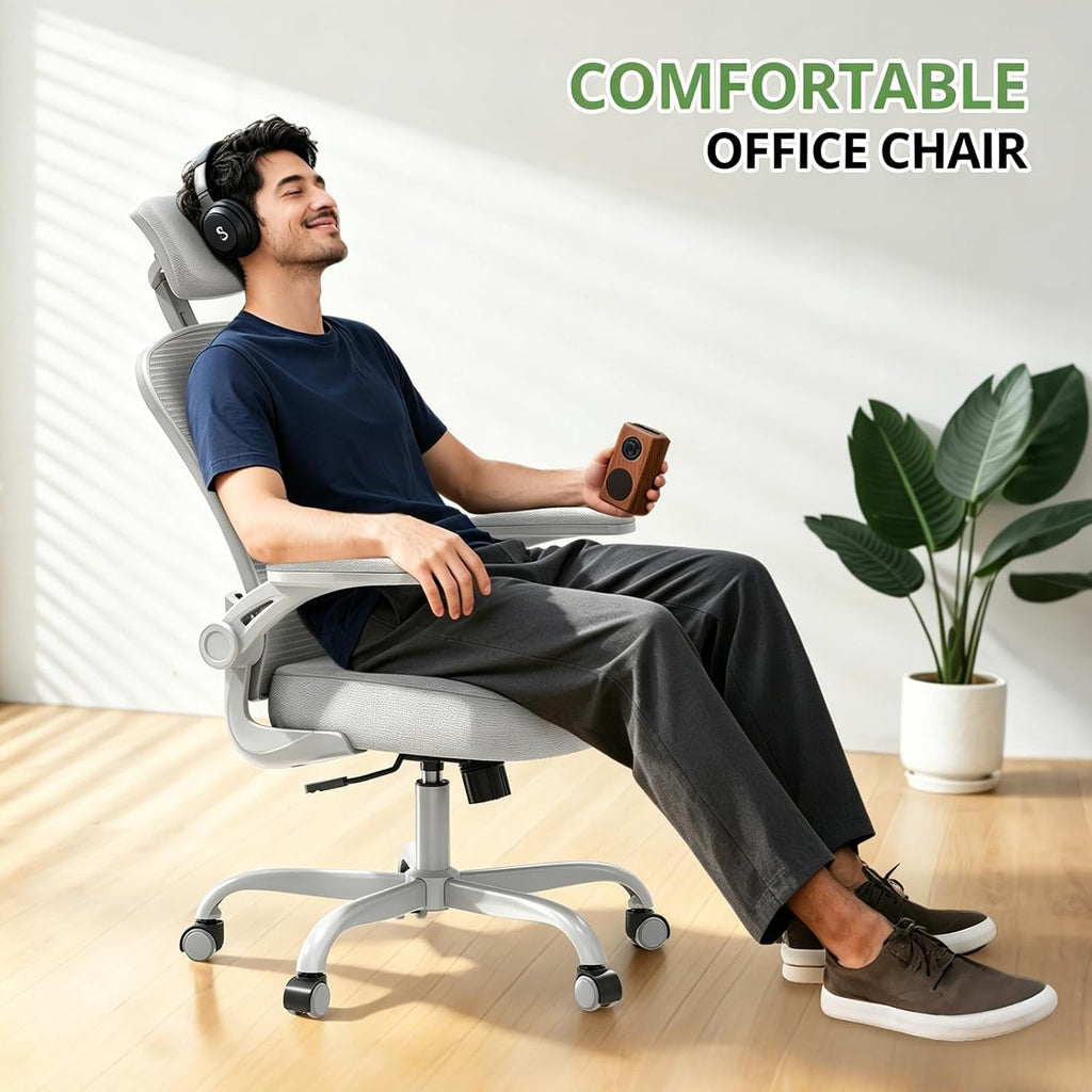 Synorla Office Chair Ergonomic Desk Chair, 330LBS Capacity, High Back Computer Design for Long Hours Comfort, Rolling Swivel Executive Task for Home Office with Flip-up Armrests（Grey）