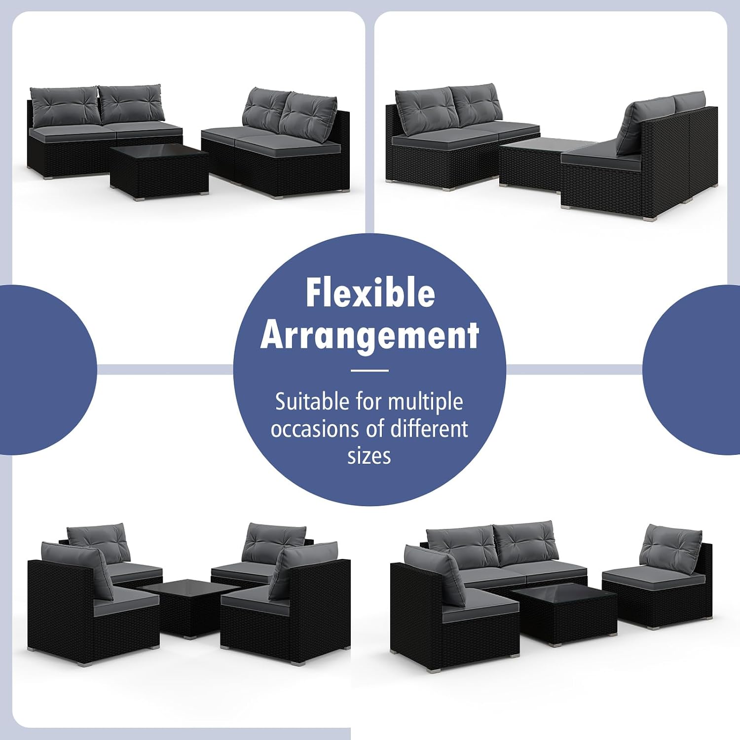 RELAX4LIFE 5-Piece Outdoor Patio Furniture Set, Rattan Sectional Sofa Set w/Glass-Top Coffee Table, Soft Seat & Back Cushions, Bistro Set for Garden Backyard Porch, Wicker Conversation Set (Grey)