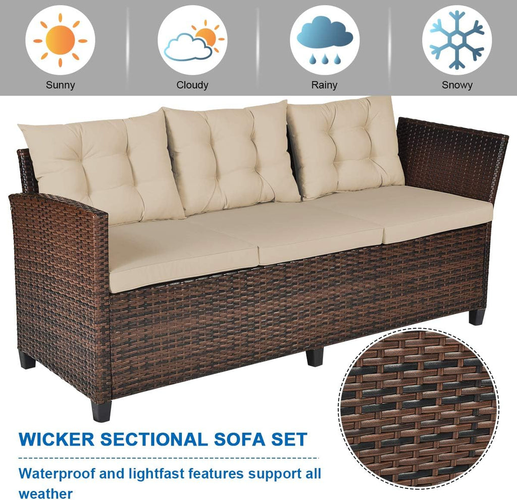 Tangkula Patio Furniture Set, 3 Pieces Outdoor Conversation Set with 6 Cushioned Seat & Coffee Table, Rattan Couch Set for Balcony, Garden, Lawn, Poolside and Backyard (Brown)