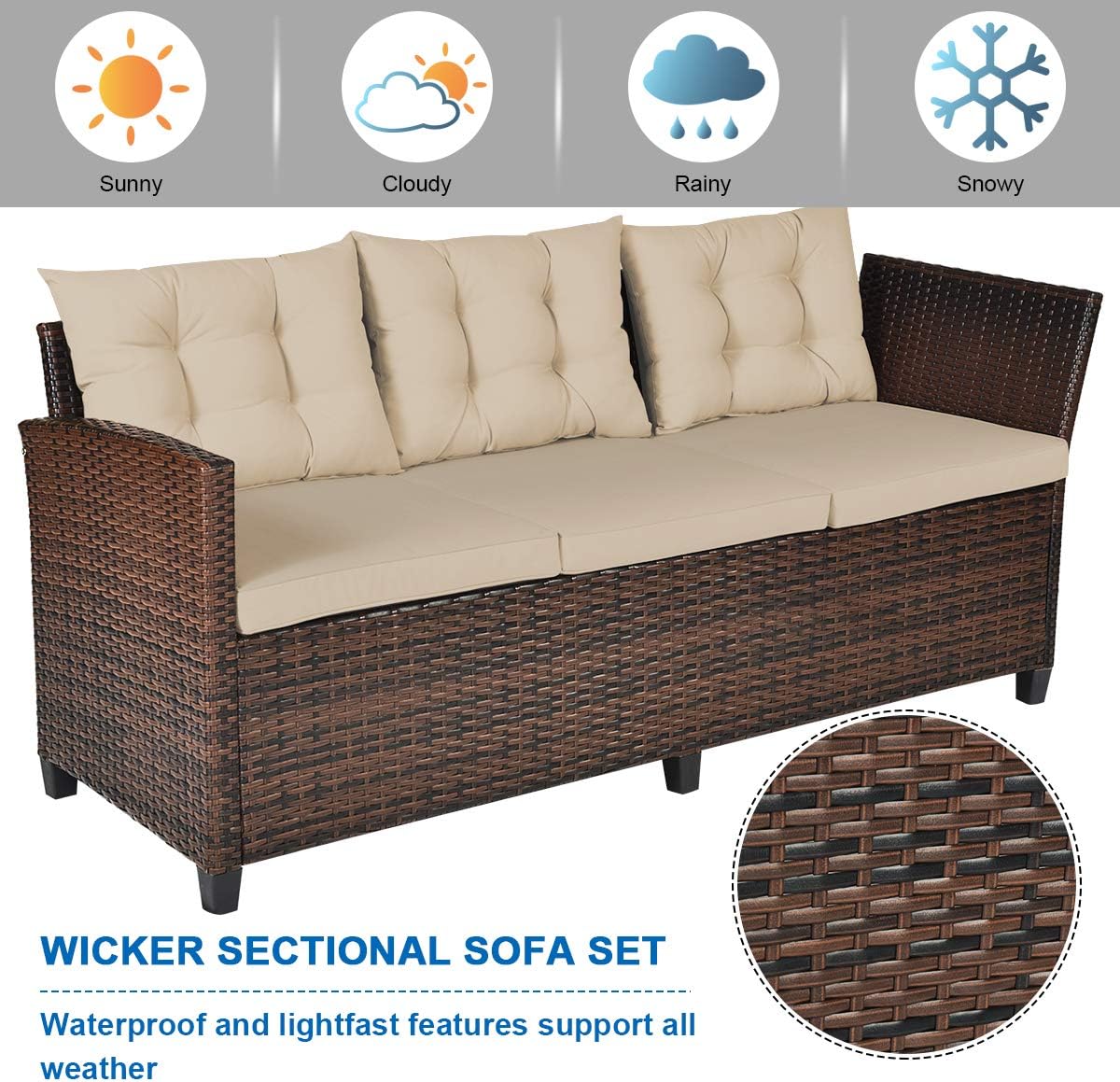 Tangkula Patio Furniture Set, 3 Pieces Outdoor Conversation Set with 6 Cushioned Seat & Coffee Table, Rattan Couch Set for Balcony, Garden, Lawn, Poolside and Backyard (Brown)