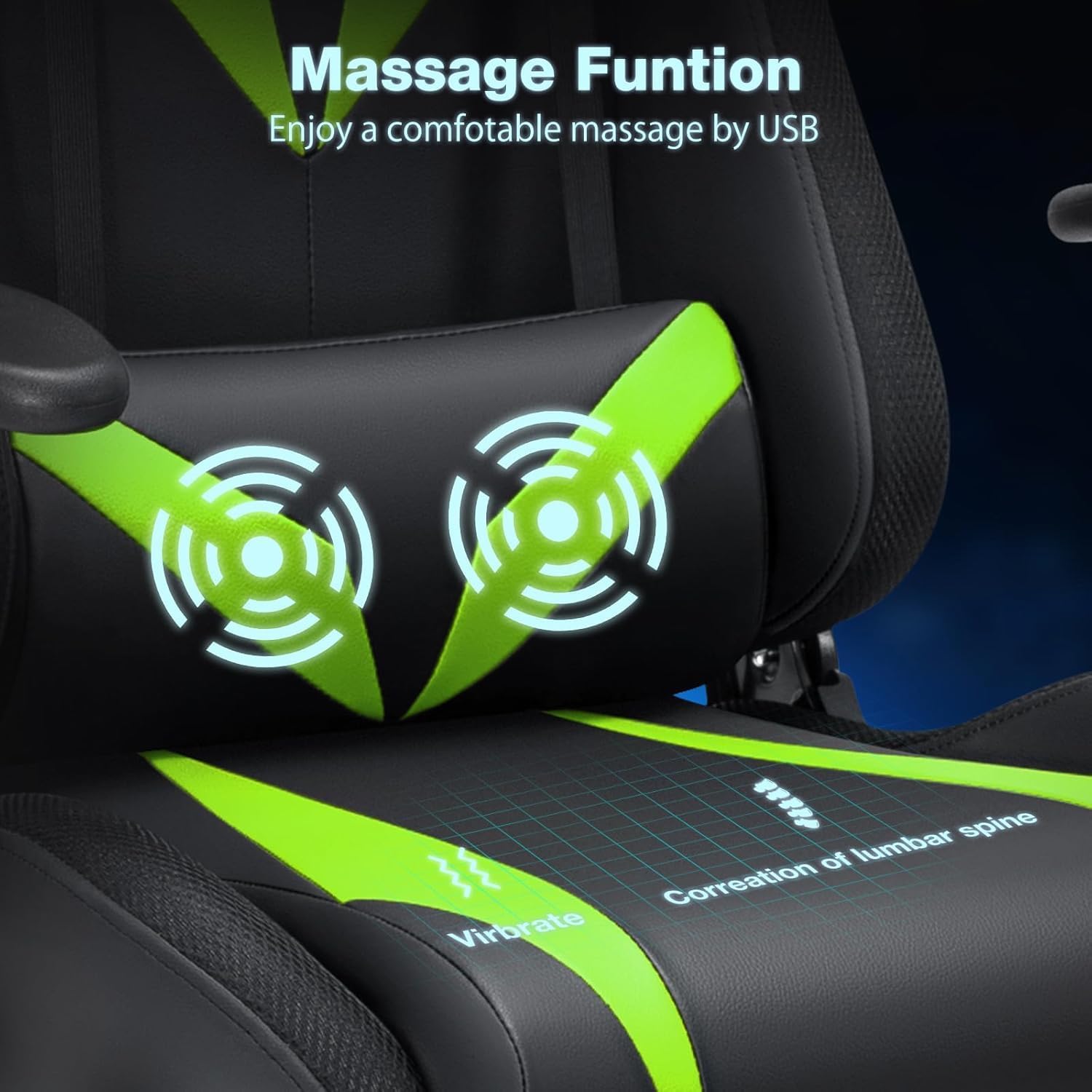 HOFFREE Gaming Chair with Bluetooth Speakers and Led Lights Massage Video Game Chair with Footrest Reclining High Back Computer Gamer Chair Green and Black