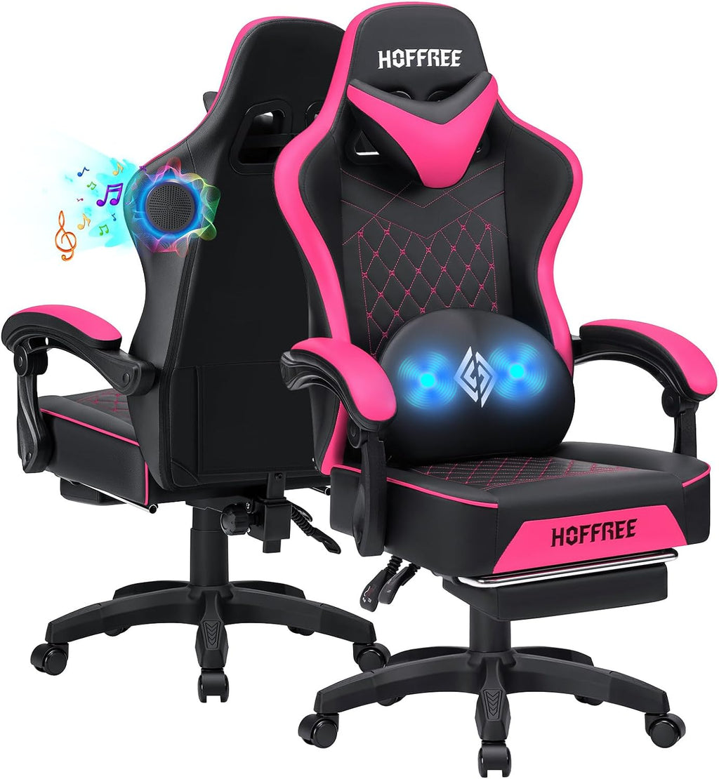 HOFFREE Gaming Chair Computer Chair with Speakers Massage Game Chairs with Footrest Bluetooth High Back Ergonomic Computer Gaming Chairs for Adults Reclining Video Gamer Chair Pink and Black