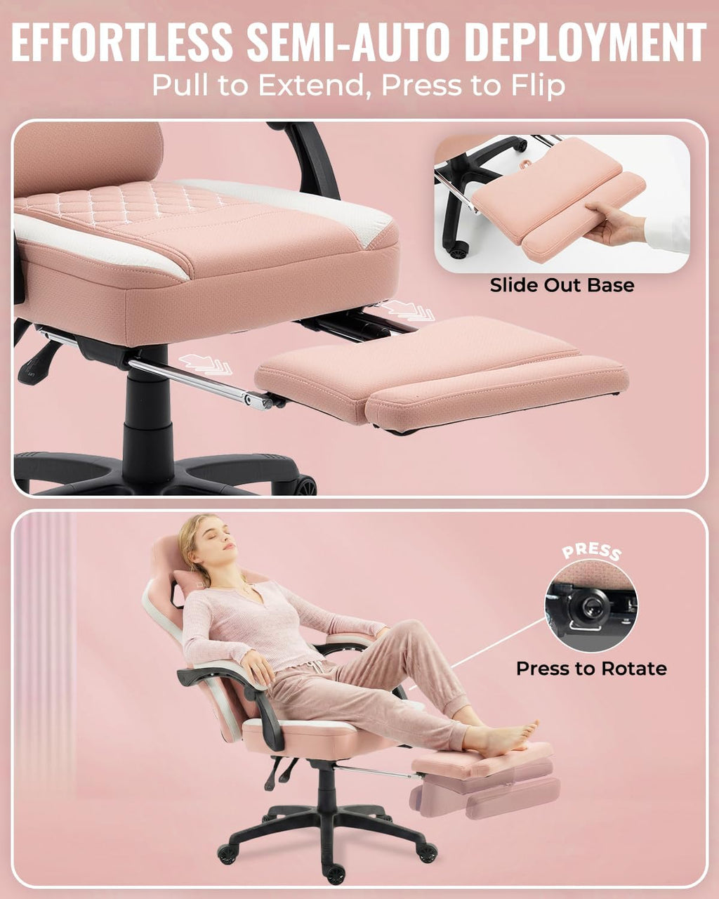 Dowinx Gaming Chair Breathable Fabric Game Chair with Gel Pad and Storage Bag, Comfortable Gamer Chair with Pocket Spring Cushion, Ergonomic Computer Chair with Footrest, Pink and White