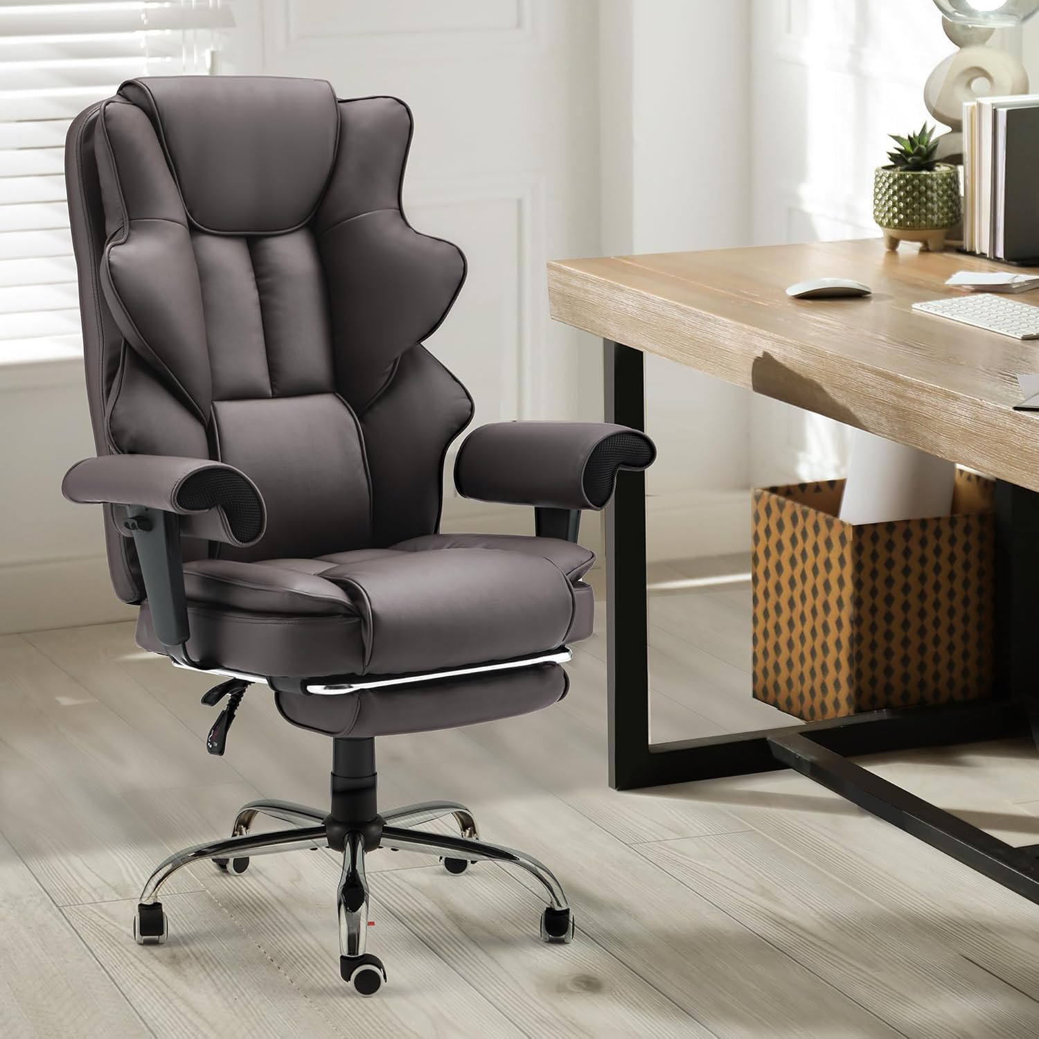 HOMREST 6-Point Massage Executive Chair,Heat Office Chair,Ergonomic Home Office Desk Chairs with Retractable Footrest and Reclining Function,Leather Computer Chair with Adjustable Armrest(‌Brown)